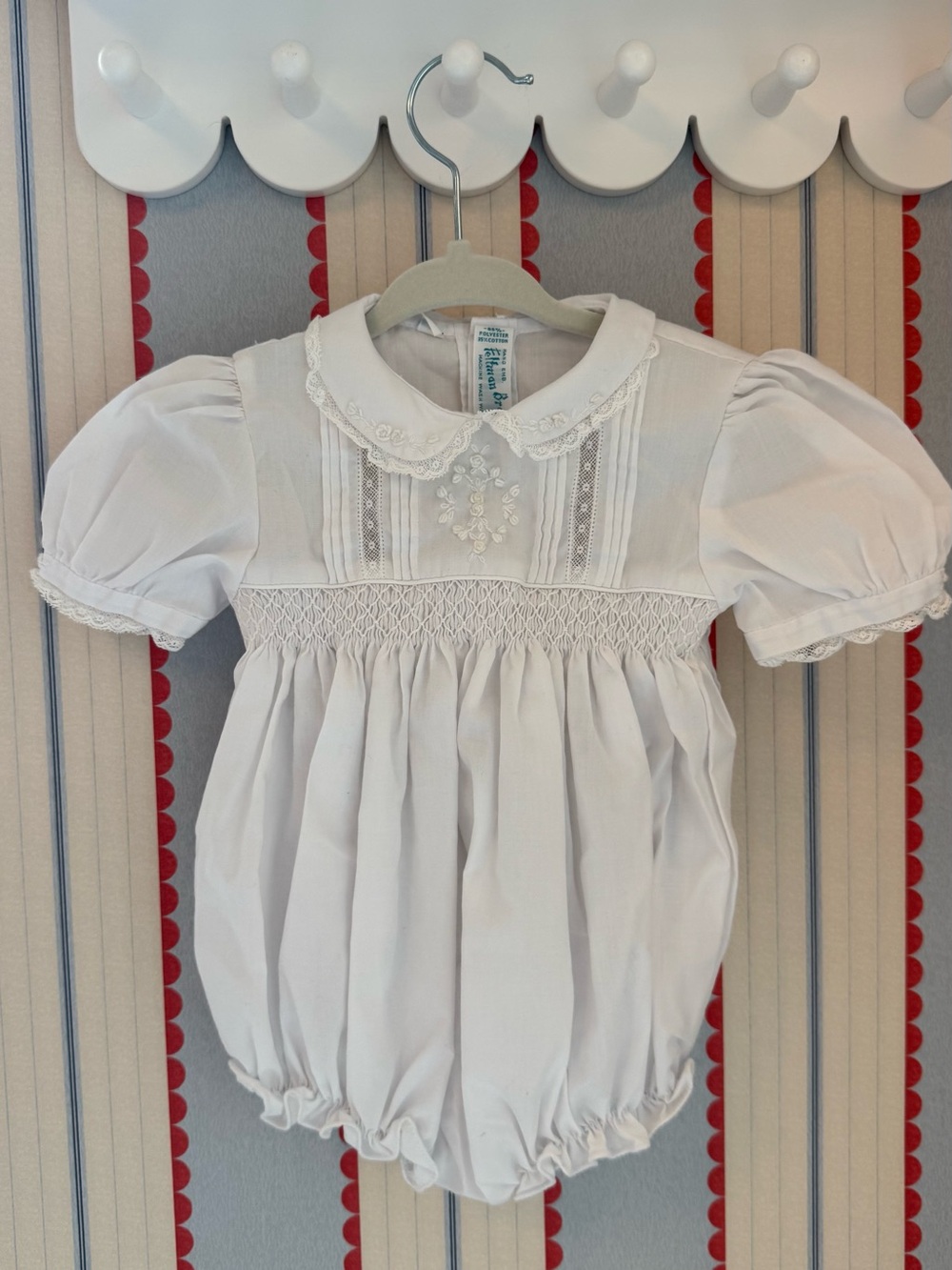 Feltman Brothers White Smocked Baby Bubble romper heirloom